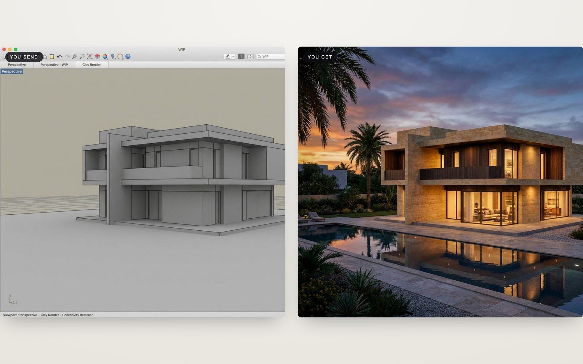 Before and after: architectural clay render turned into a photoreal dusk visualization