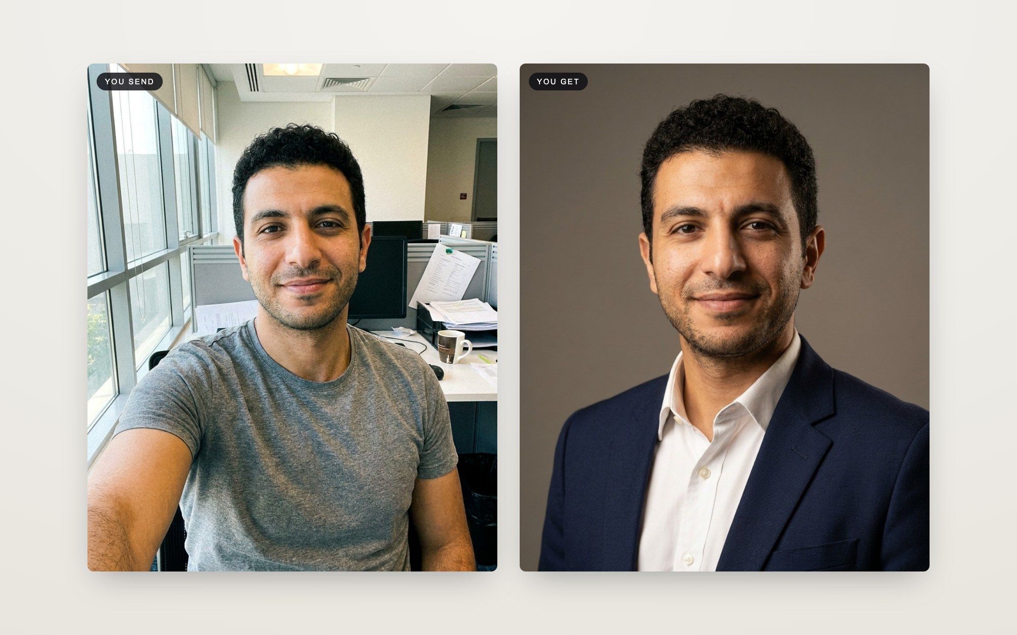 Before and after: phone selfie turned into a professional corporate headshot