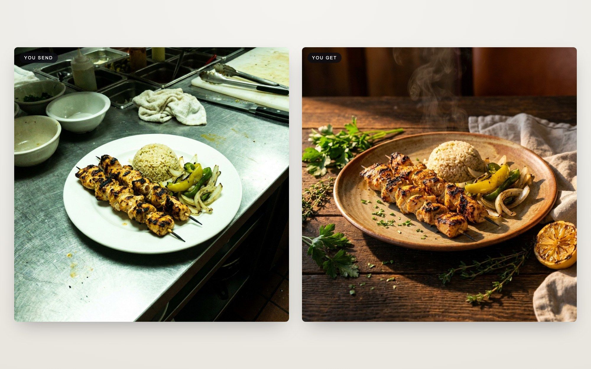 Before and after: kitchen phone photo of a dish turned into editorial food photography