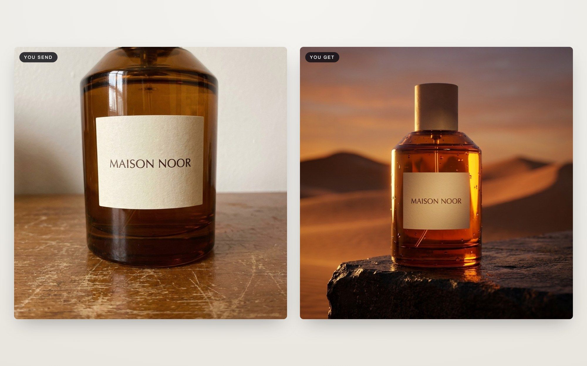Before and after: simple product photo turned into a campaign scene